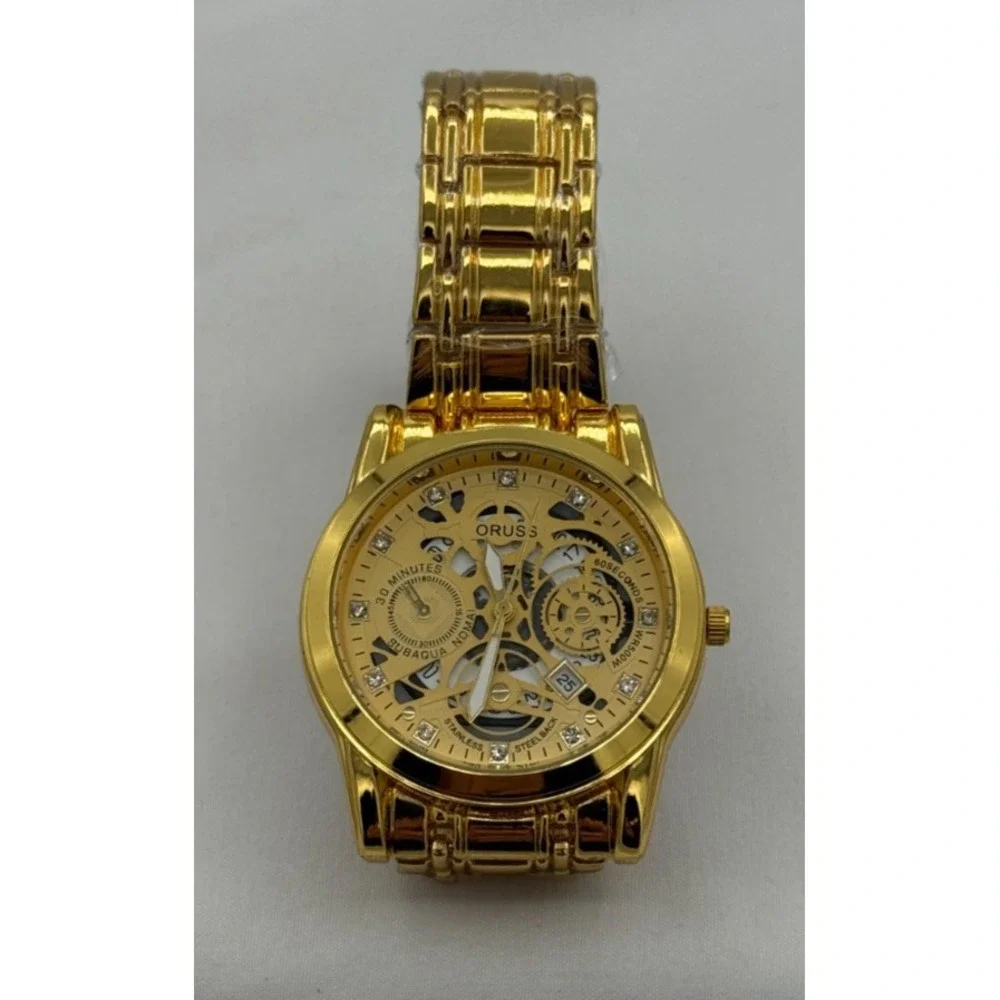 Oruss Gold Colored Men's Stainless Steel Watch W/Skeleton Dial & Luminous Hands
